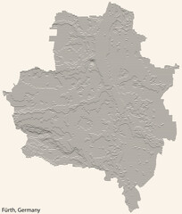 Topographic relief map of the city of FÜRTH, GERMANY with black contour lines on vintage beige background