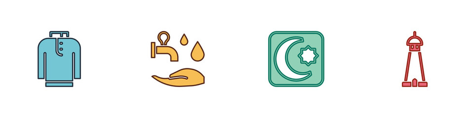 Set Shirt kurta, Wudhu, Star and crescent and Mosque tower or minaret icon. Vector