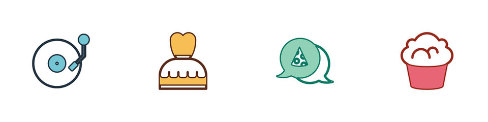 Set Vinyl player with disk, Woman dress, Slice of pizza and Muffin icon. Vector