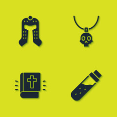 Set Medieval helmet, Bottle with potion, Holy bible book and Necklace amulet icon. Vector