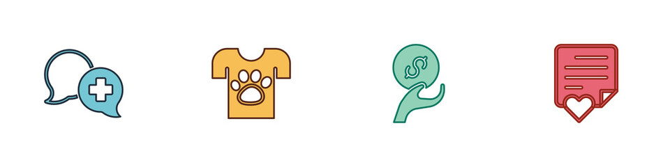 Set Dialogue with doctor, Animal volunteer, Donation and charity and Envelope heart icon. Vector