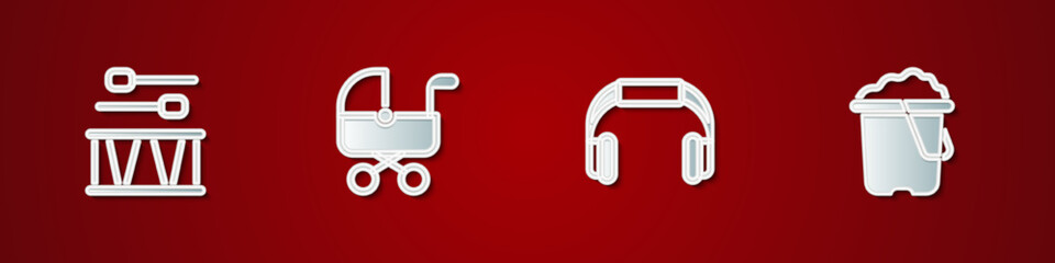 Set Drum with drum sticks, Baby stroller, Headphones and Sand in bucket icon. Vector
