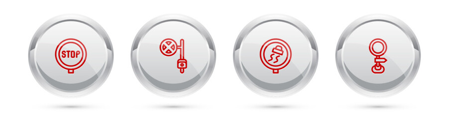 Set line Stop sign, with camera, Slippery road traffic and Road. Silver circle button. Vector