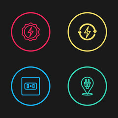 Set line Electrical outlet, plug, Recharging and Lightning bolt icon. Vector