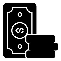 Banknote with coins icon, solid design of paper currency 