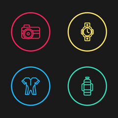 Set line Wetsuit for scuba diving, Aqualung, Diving watch and Photo camera diver icon. Vector
