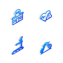 Set Isometric line Heart rate, Gym building, Treadmill machine and Metal rack with weight icon. Vector