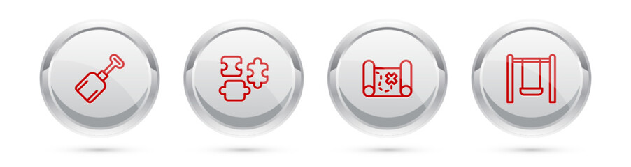 Set line Shovel toy, Puzzle pieces, Pirate treasure map and Swing. Silver circle button. Vector