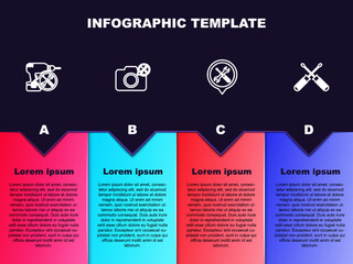 Set line Drill machine service, Photo camera, Location and Crossed screwdrivers. Business infographic template. Vector