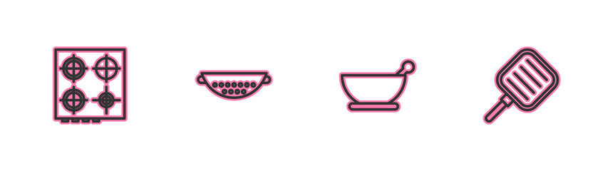 Set line Gas stove, Mortar and pestle, Kitchen colander and Frying pan icon. Vector