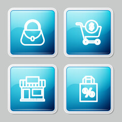 Set line Handbag, Shopping cart dollar, building or market store and Shoping with percent discount icon. Vector