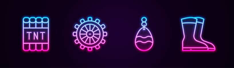 Set line Detonate dynamite bomb stick, Ship steering wheel, Fishing spoon and boots. Glowing neon icon. Vector