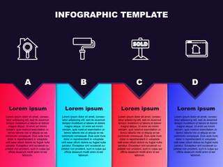 Set line Search house, Paint roller brush, Hanging sign with text Sold and Online real estate. Business infographic template. Vector