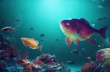 Wonderful and beautiful underwater world with corals and tropical fish. 3d render, Raster illustration.