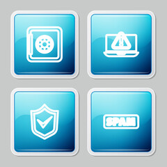 Set line Safe, Laptop with exclamation mark, Shield check and Spam icon. Vector