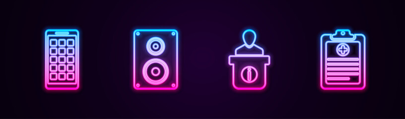 Set line Mobile Apps, Stereo speaker, Information desk and Clinical record. Glowing neon icon. Vector