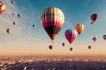 Balloons floating above a city