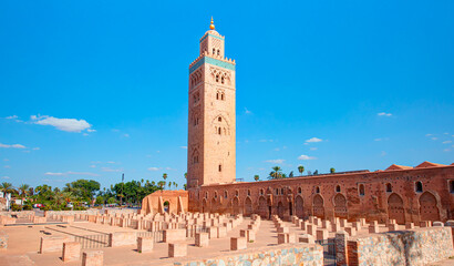 Fototapeta premium Koutoubia Mosque minaret at medina quarter in the morning. Marrakesh, Morocco.