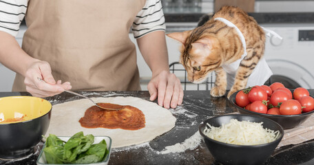 The woman owner and her cat lay out the pizza toppings.