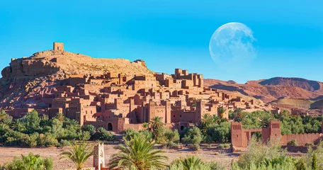 Tuinposter Panoramic View on Ait Ben Haddou near Ouarzazate river, Atlas Mountains, Morocco, North Africa with full moon  "Elements of this image furnished by NASA " © muratart