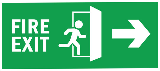 emergency fire exit sign. running man icon to door. green color. arrow vector. warning sign plate
