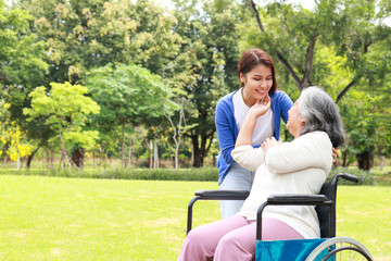 A caregiver shakes hands of an elderly person sitting on a wheelchair. Nursing concepts to take...