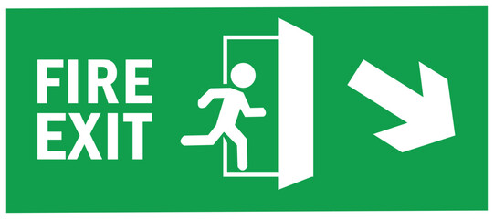 emergency fire exit sign. running man icon to door. green color. arrow vector. warning sign plate
