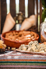 Blue cheese buffet with bread sticks 