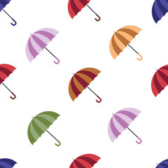 Seamless autumn pattern with colorful blue, red, orange, brown, purple, green umbrellas for rainy weather in flat style isolated on white background