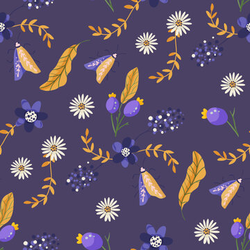 Boho Purple Berry , Flower And Moth Seamless Pattern. Forest Floral Butterfly Vector Background