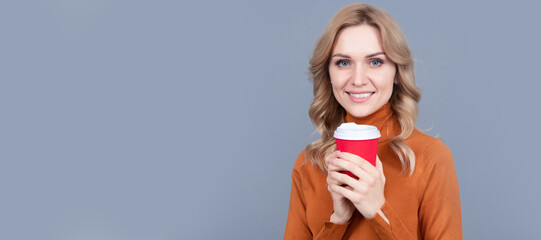 Caffeine gets me excited. Happy woman hold cup grey background. Enjoying caffeine drink. Woman...