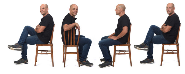side view of same man various poses sitting on chair on white background