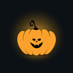 Illustration of a cute kind orange halloween pumpkin with two sharp black teeth with a yellow shadow on a dark gray background. Halloween Jack O Lantern.