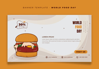 Banner template in landscape background with cartoon of burger design for world food day design