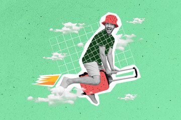 Creative collage image of overjoyed positive guy black white colors sit flying suitcase isolated on drawing clouds sky green background - obrazy, fototapety, plakaty