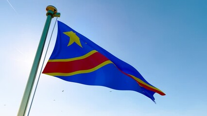 Flag of Democratic Republic waving in the wind, sky and sun background. Democratic Republic Flag Video. Realistic Animation, 4K UHD 25 FPS. 3D Animation 
