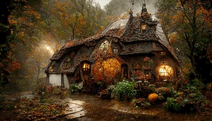 Digitally created artwork of a fairy-tale cottage in the forest, straight out of a fairy-tale