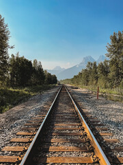 Fototapeta premium Train tracks through the Rocky Mountains in Canmore, Canada.