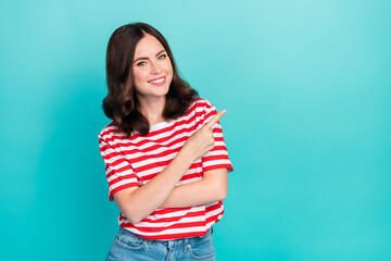 Photo of pretty cute lady arm direct empty space visit boutique black friday discount stylish clothes isolated on cyan color background