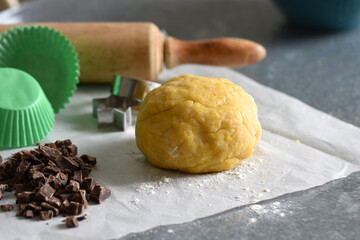 Learn to cook cake utensil, cookies, homemade dough and chocolate preparation recipe. Learn to cook, easy cooking class photo horizontal