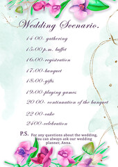 Wedding invitation with a bouquet of orchids, lilac petals.Suitable for printing A3 format.