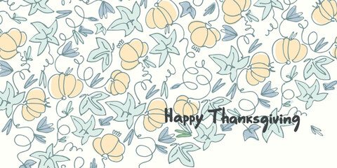 Thanksgiving Day holiday design. Hand lettering decorated with a garland of pumpkins and pumpkin leaves in line art. Greeting card template, logo, emblem