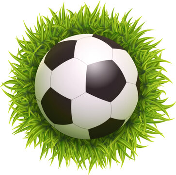 3d Photo Realistic Soccer Ball On Green Grass Illustration. Top View. Flyer, Invitation, Logo Or Icon Template