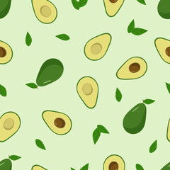 Seamless Pattern Avocado set of whole and halves with a bone. Vector illustration of fresh avocado fruit.