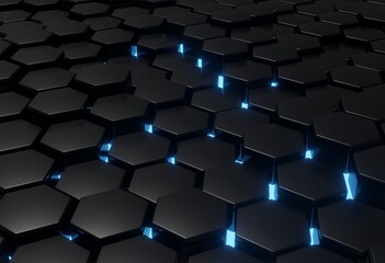 Abstract background of black hexagons of different heights with blue backlight. Sci-fi theme d in the field of technology for design. 3d rendering, Illustration, horizontal orientation, copy space