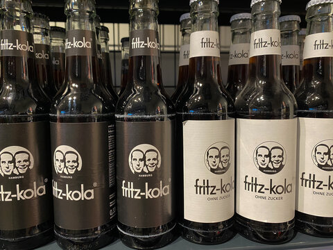 RHEINBACH, GERMANY 08 February 2021,  Fritz-Kola bottles on the shelf of a German supermarket