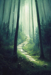 Magical forest, a clearing with fantasy light effects descending from above,ennvironment