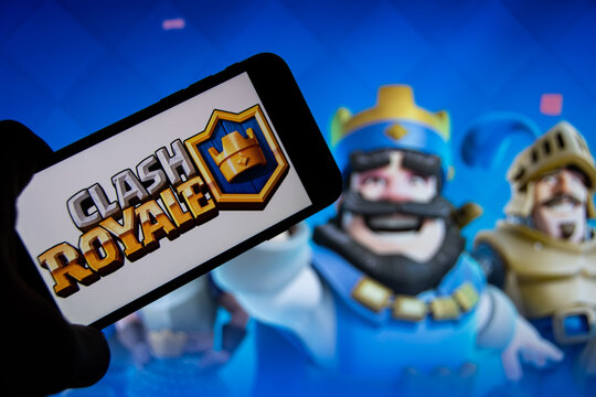 Rheinbach, Germany  4 November 2021,  The brand logo of the popular smartphone online game "Clash Royale" on the display of a smartphone (focus on brand logo)