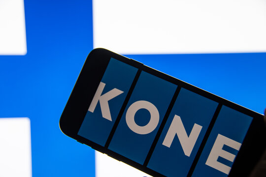 Rheinbach, Germany  4 December 2021,  The brand logo of the Finnish company "Kone" on the display of a smartphone (focus on the brand logo)