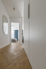 Modern minimalist interior design  with wooden furniture, oak floor in Scandinavian style.  Aesthetic simple interior design concept.